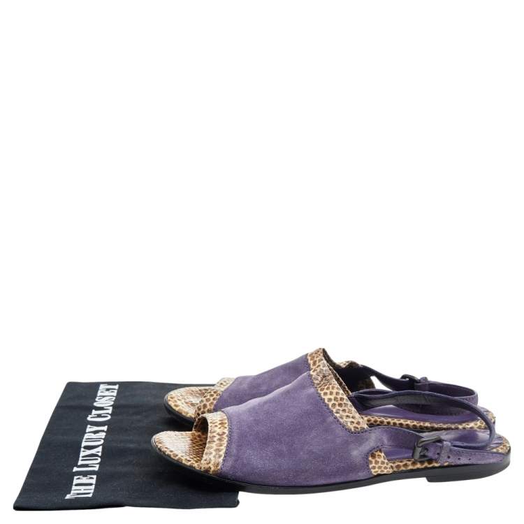 Pre Owned Bottega Veneta Purple/Beige Suede And Python Leather Slingback Flat Sandals Size 41