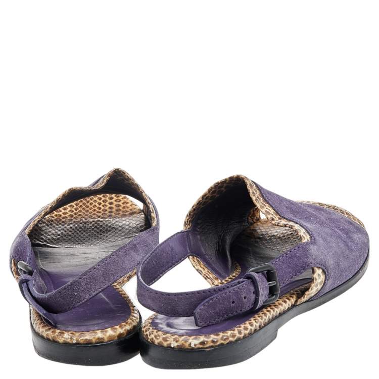 Pre Owned Bottega Veneta Purple/Beige Suede And Python Leather Slingback Flat Sandals Size 41