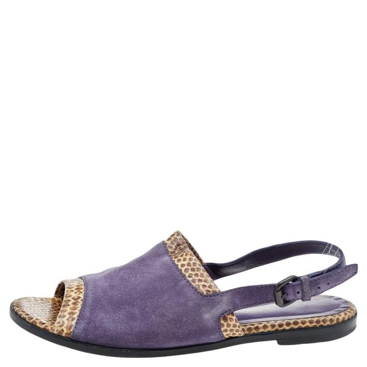 Pre Owned Bottega Veneta Purple/Beige Suede And Python Leather Slingback Flat Sandals Size 41