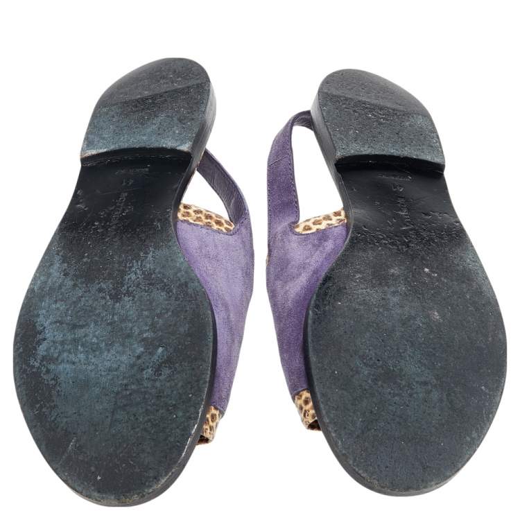 Pre Owned Bottega Veneta Purple/Beige Suede And Python Leather Slingback Flat Sandals Size 41