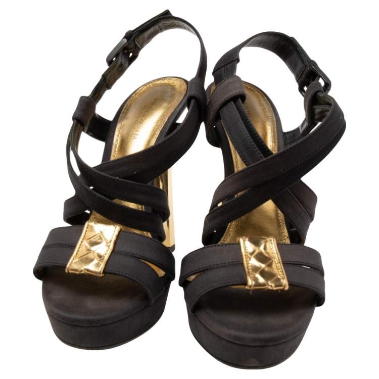 Pre Owned Bottega Veneta Black/Gold Canvas Platform Sandals Size 38.5 