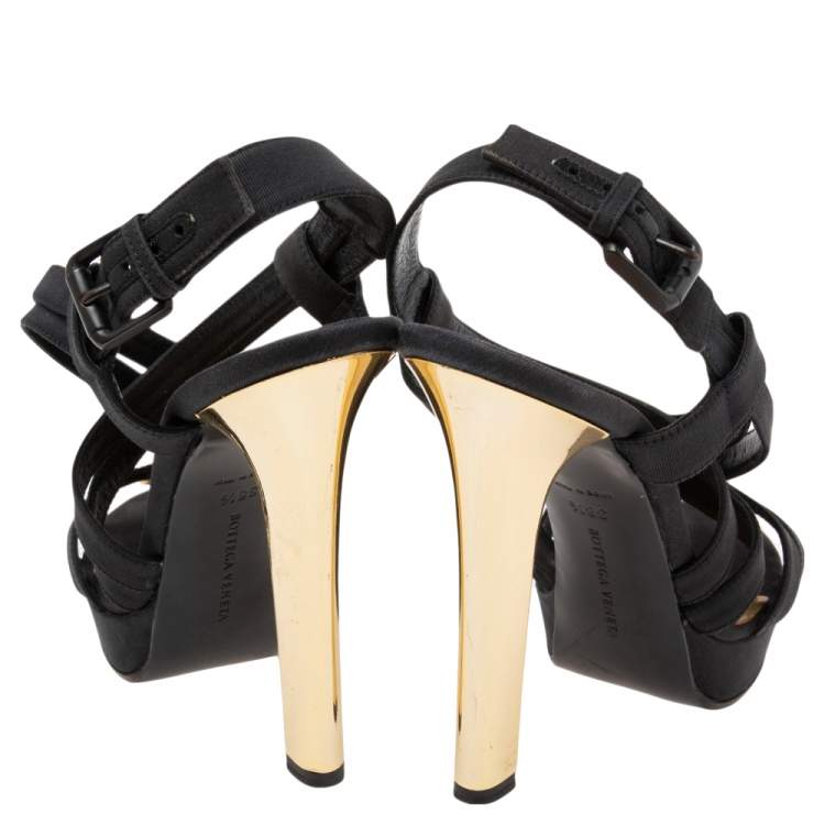 Pre Owned Bottega Veneta Black/Gold Canvas Platform Sandals Size 38.5 