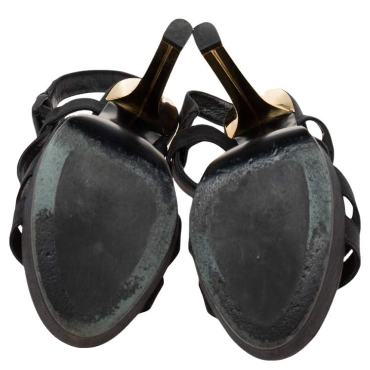 Pre Owned Bottega Veneta Black/Gold Canvas Platform Sandals Size 38.5 