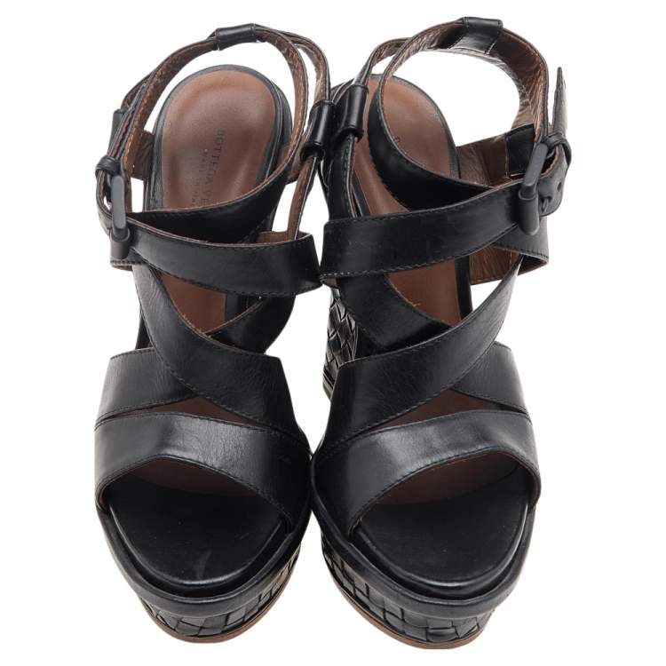 Pre Owned Bottega Veneta Black Leather Strappy Intrecciato Platform Wedge Sandals Size 36