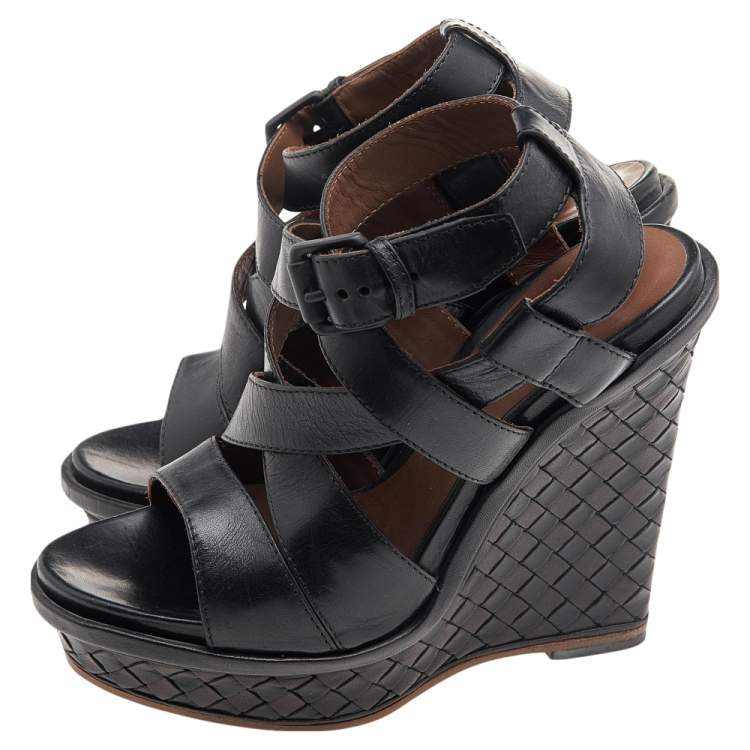 Pre Owned Bottega Veneta Black Leather Strappy Intrecciato Platform Wedge Sandals Size 36