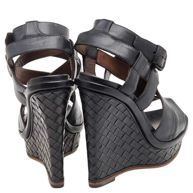 Pre Owned Bottega Veneta Black Leather Strappy Intrecciato Platform Wedge Sandals Size 36