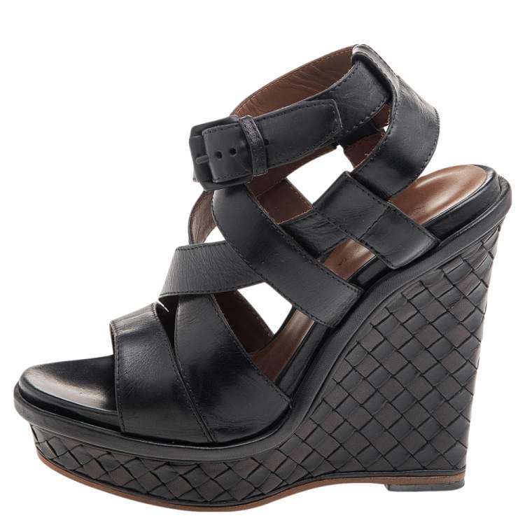 Pre Owned Bottega Veneta Black Leather Strappy Intrecciato Platform Wedge Sandals Size 36