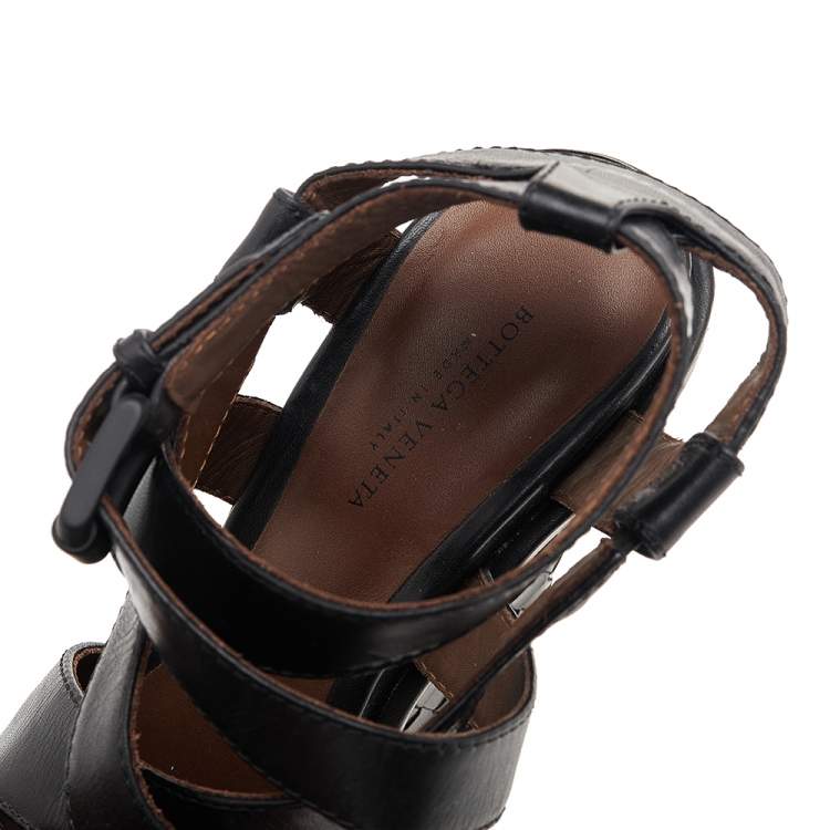 Pre Owned Bottega Veneta Black Leather Strappy Intrecciato Platform Wedge Sandals Size 36