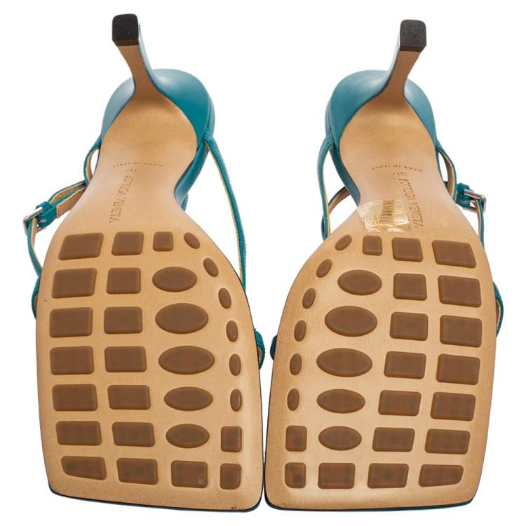 Pre Owned Bottega Veneta Turquoise Blue Leather Square-Toe Thong Ankle-Strap Sandals Size 39