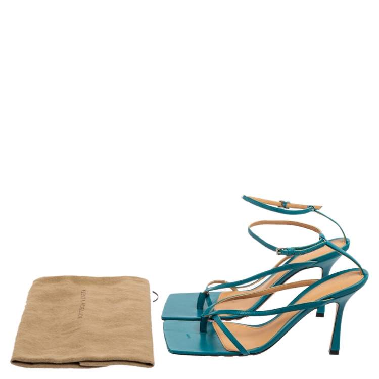Pre Owned Bottega Veneta Turquoise Blue Leather Square-Toe Thong Ankle-Strap Sandals Size 39