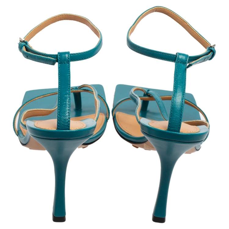Pre Owned Bottega Veneta Turquoise Blue Leather Square-Toe Thong Ankle-Strap Sandals Size 39