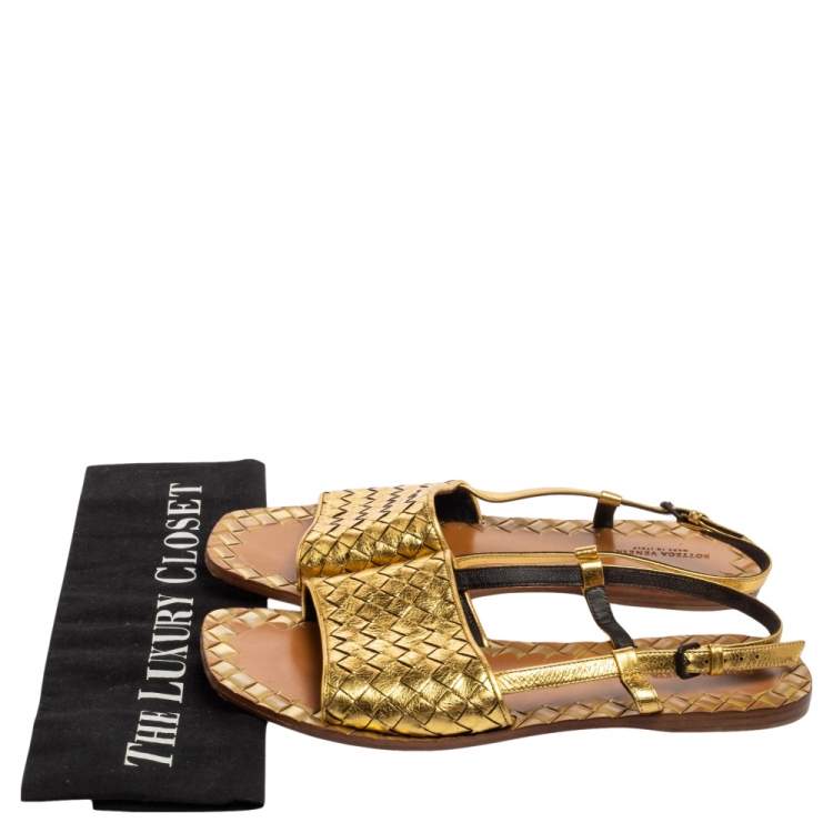 Pre Owned Bottega Veneta Gold Intrecciato Leather Calvados Slingback Flats Size 40