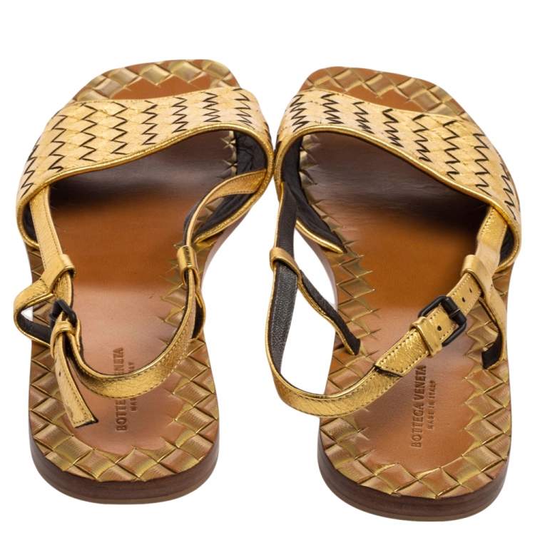 Pre Owned Bottega Veneta Gold Intrecciato Leather Calvados Slingback Flats Size 40