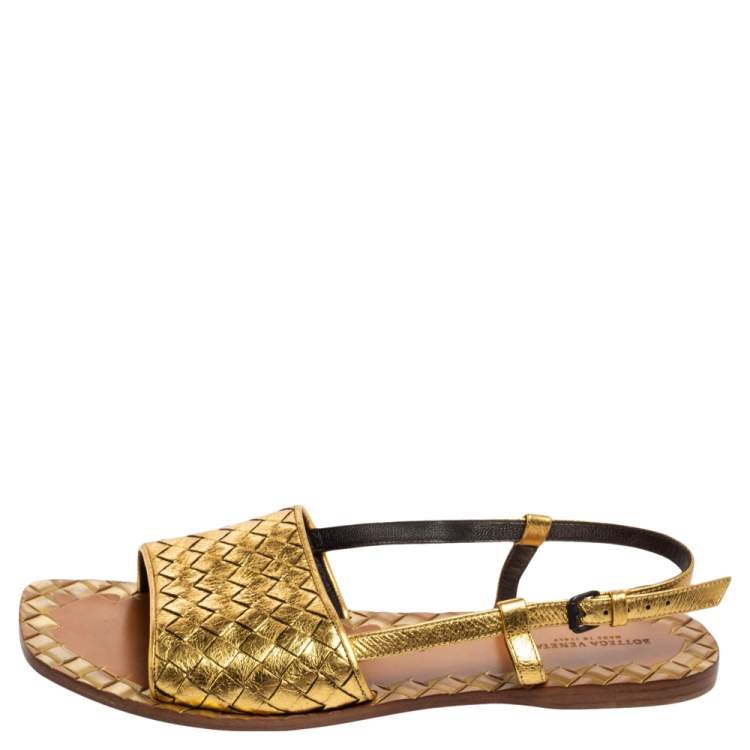 Pre Owned Bottega Veneta Gold Intrecciato Leather Calvados Slingback Flats Size 40