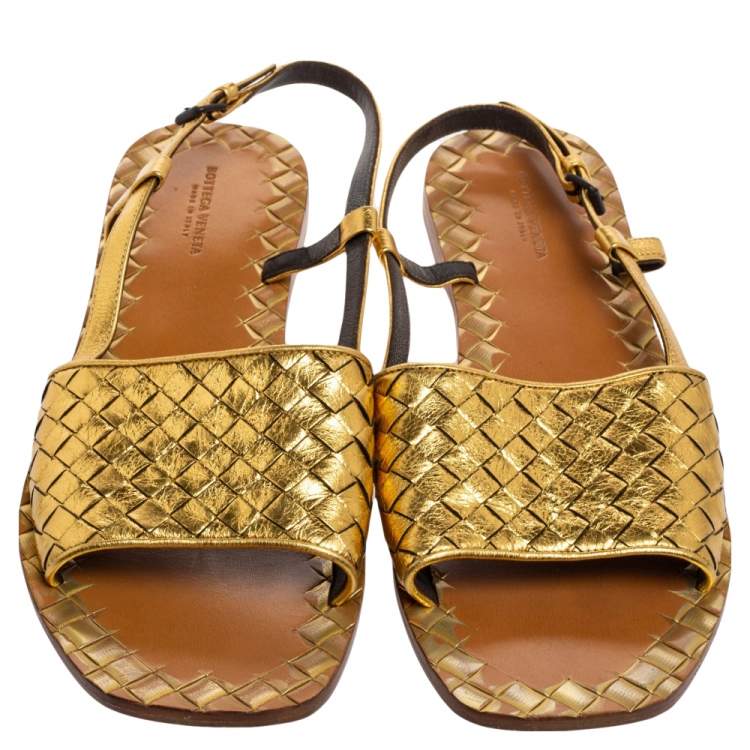Pre Owned Bottega Veneta Gold Intrecciato Leather Calvados Slingback Flats Size 40