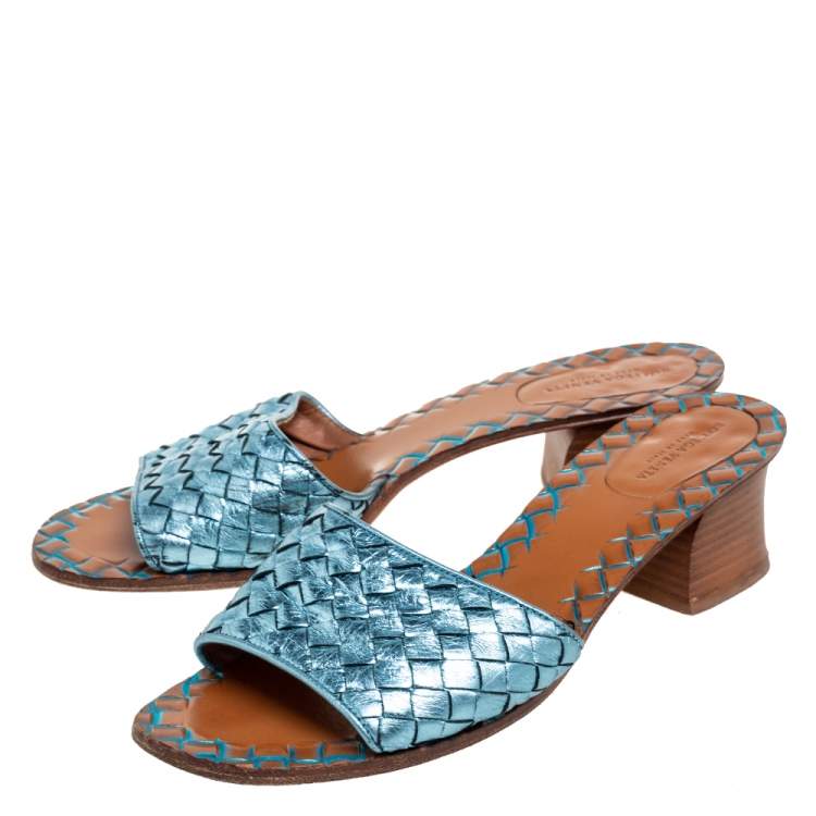 Pre Owned Bottega Veneta Metallic Blue Intrecciato Leather Slide  Sandals Size 38.5