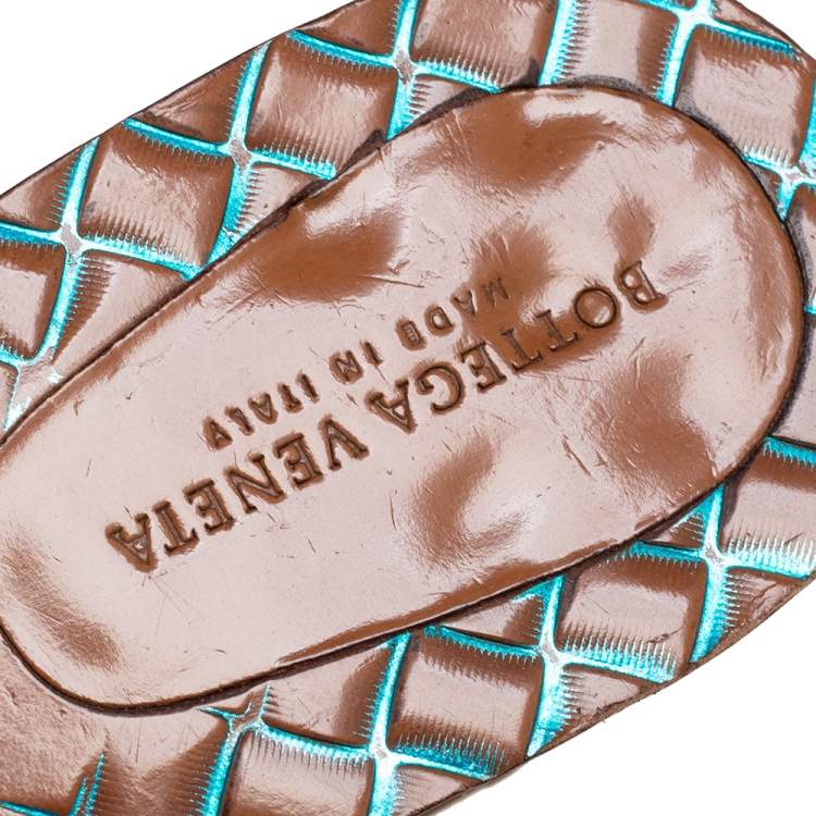 Pre Owned Bottega Veneta Metallic Blue Intrecciato Leather Slide  Sandals Size 38.5