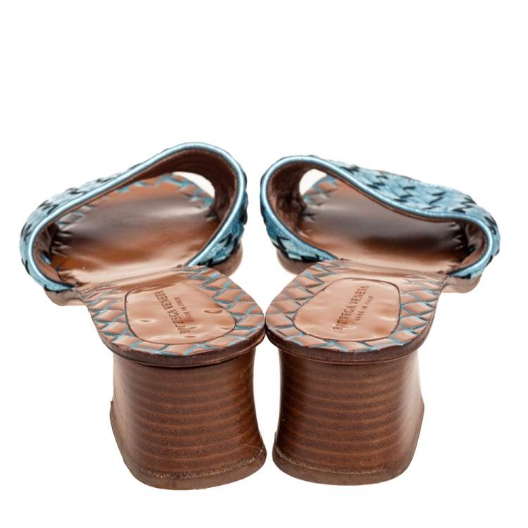 Pre Owned Bottega Veneta Metallic Blue Intrecciato Leather Slide  Sandals Size 38.5