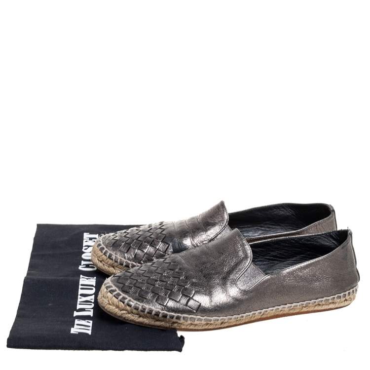 Pre Owned Bottega Veneta Metallic Dark Grey Intrecciato Leather Flat Espadrilles Size 39