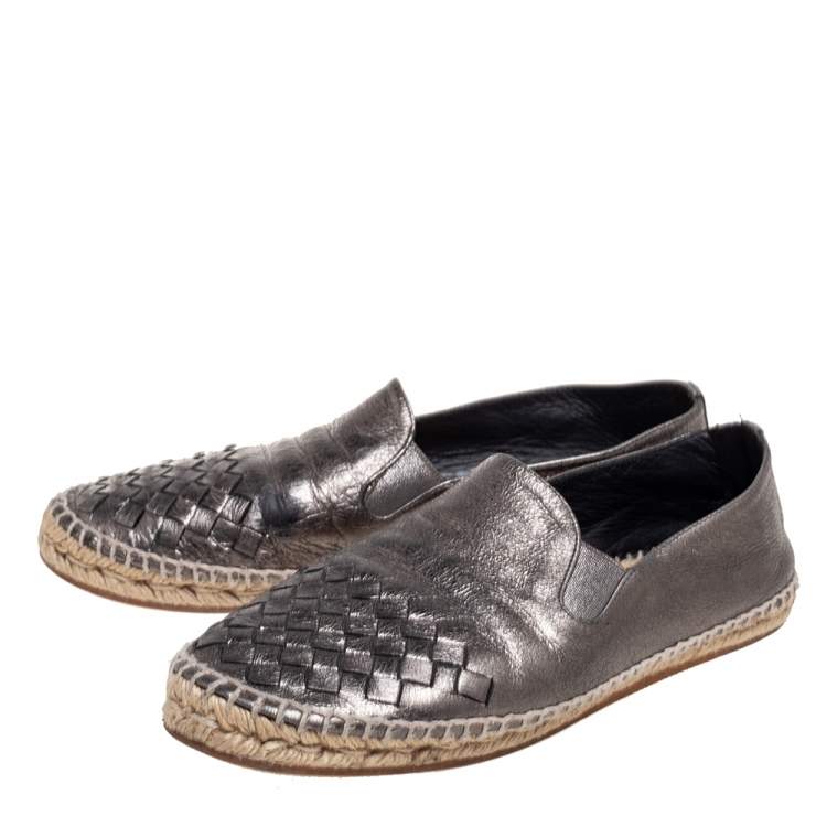Pre Owned Bottega Veneta Metallic Dark Grey Intrecciato Leather Flat Espadrilles Size 39