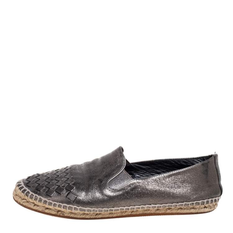 Pre Owned Bottega Veneta Metallic Dark Grey Intrecciato Leather Flat Espadrilles Size 39