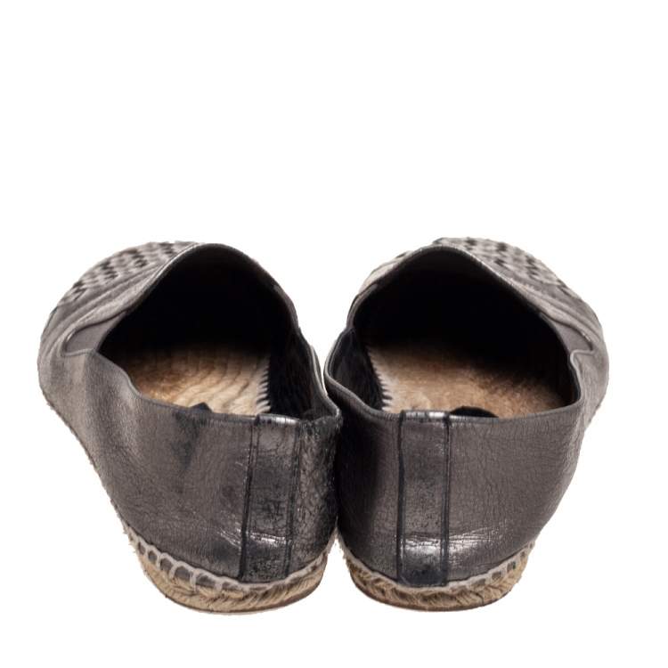 Pre Owned Bottega Veneta Metallic Dark Grey Intrecciato Leather Flat Espadrilles Size 39