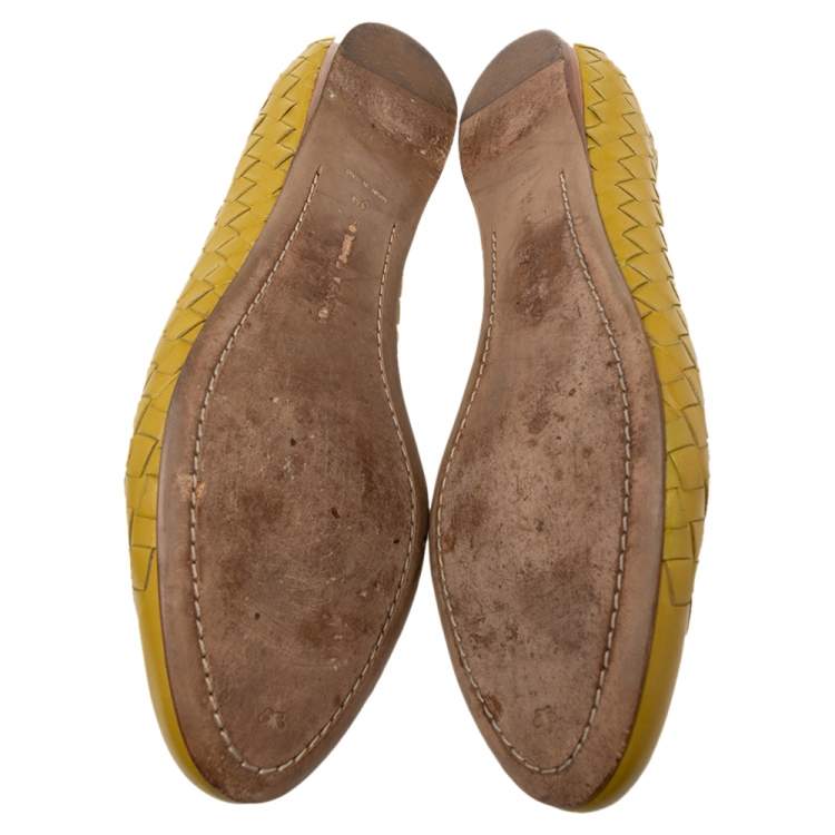 Pre Owned Bottega Veneta Yellow Intrecciato Leather Peggy Ballet Flats Size 39