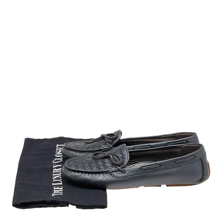 Pre Owned Bottega Veneta Grey Intrecciato Leather Bow Slip On Loafers Size 40
