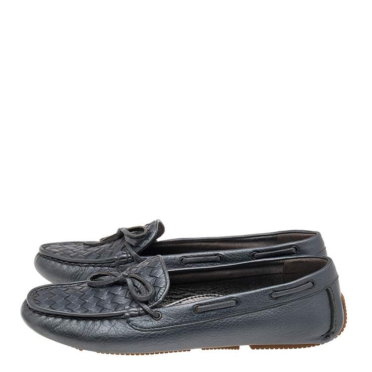 Pre Owned Bottega Veneta Grey Intrecciato Leather Bow Slip On Loafers Size 40