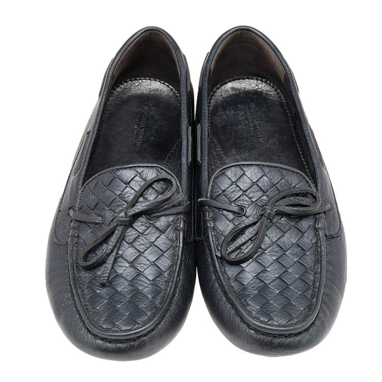 Pre Owned Bottega Veneta Grey Intrecciato Leather Bow Slip On Loafers Size 40