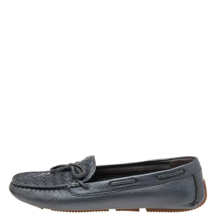 Pre Owned Bottega Veneta Grey Intrecciato Leather Bow Slip On Loafers Size 40