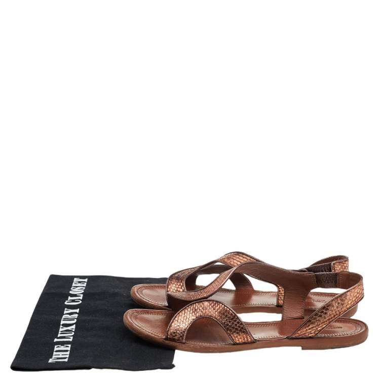 Pre Owned Bottega Veneta Metallic Brown Snakeskin Embossed Leather Flat Sandals Size 38.5