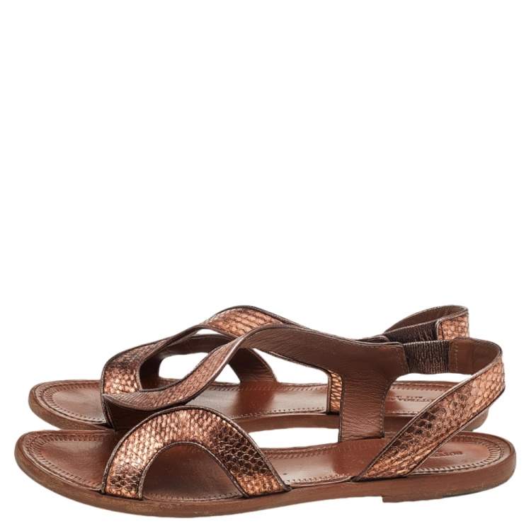 Pre Owned Bottega Veneta Metallic Brown Snakeskin Embossed Leather Flat Sandals Size 38.5