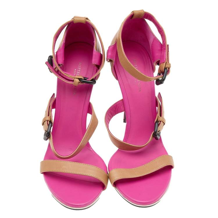 Pre Owned Bottega Veneta Beige/Pink Leather Open Toe Ankle Strap Sandals Size 37.5