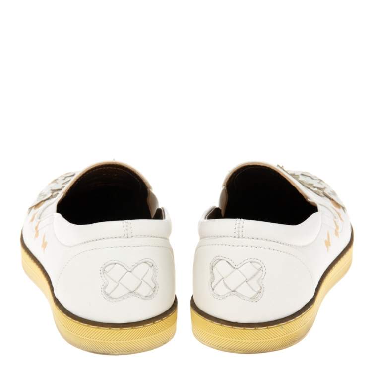 Pre Owned Bottega Veneta White Intrecciato Leather Butterfly Embellished Slip On Sneakers Size 38.5