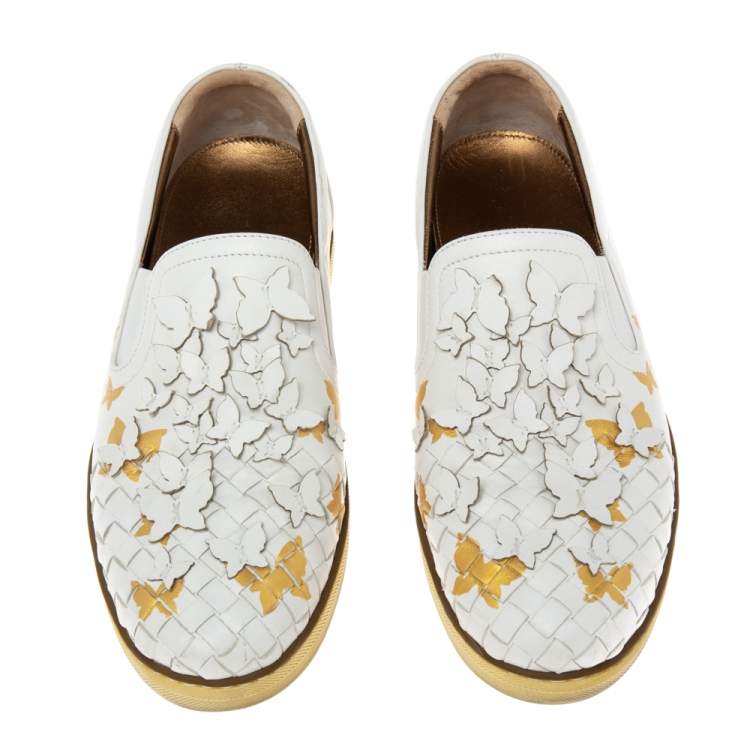 Pre Owned Bottega Veneta White Intrecciato Leather Butterfly Embellished Slip On Sneakers Size 38.5
