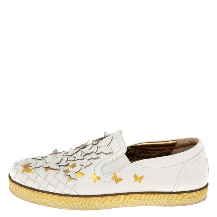 Pre Owned Bottega Veneta White Intrecciato Leather Butterfly Embellished Slip On Sneakers Size 38.5