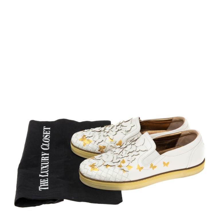 Pre Owned Bottega Veneta White Intrecciato Leather Butterfly Embellished Slip On Sneakers Size 38.5