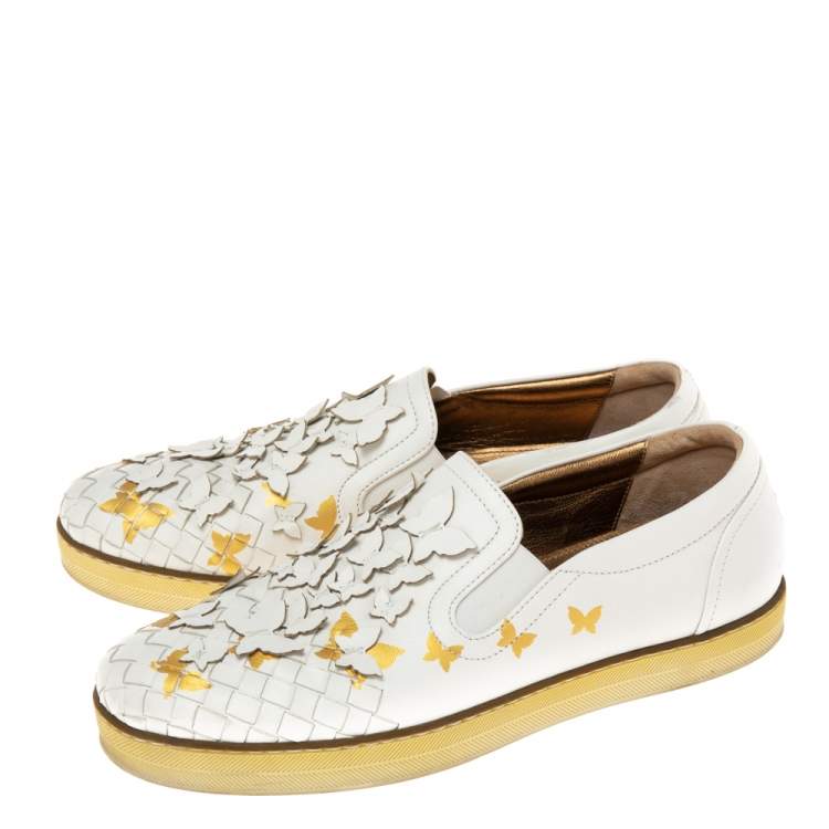 Pre Owned Bottega Veneta White Intrecciato Leather Butterfly Embellished Slip On Sneakers Size 38.5