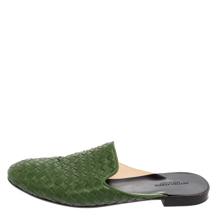 Pre Owned Bottega Veneta Green Intrecciato Leather Fiandra Flat Mules Size 38 