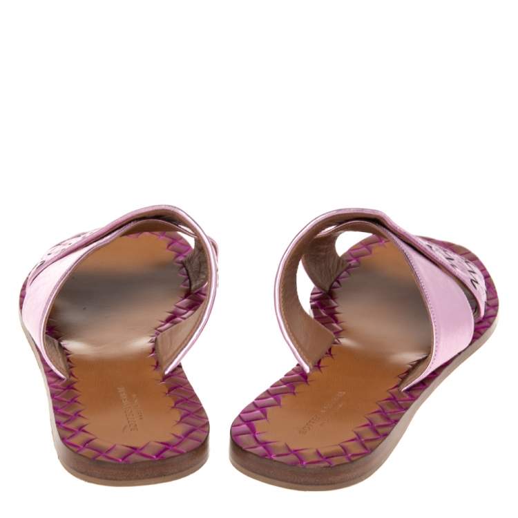 Pre Owned Bottega Veneta Pink Intrecciato Leather  Flat Sandals Size 39 