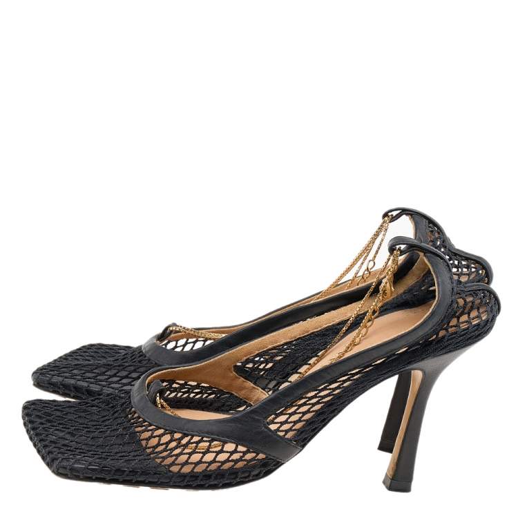 Pre Owned Bottega Veneta Black Mesh Chain Link Detail Square Toe Pumps Size 36.5
