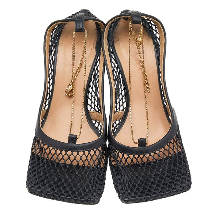 Pre Owned Bottega Veneta Black Mesh Chain Link Detail Square Toe Pumps Size 36.5