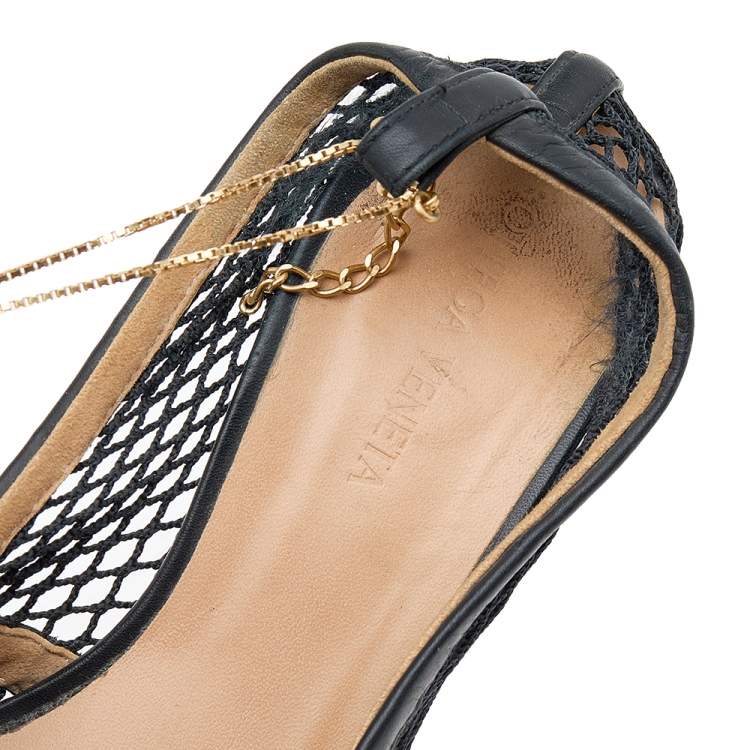 Pre Owned Bottega Veneta Black Mesh Chain Link Detail Square Toe Pumps Size 36.5