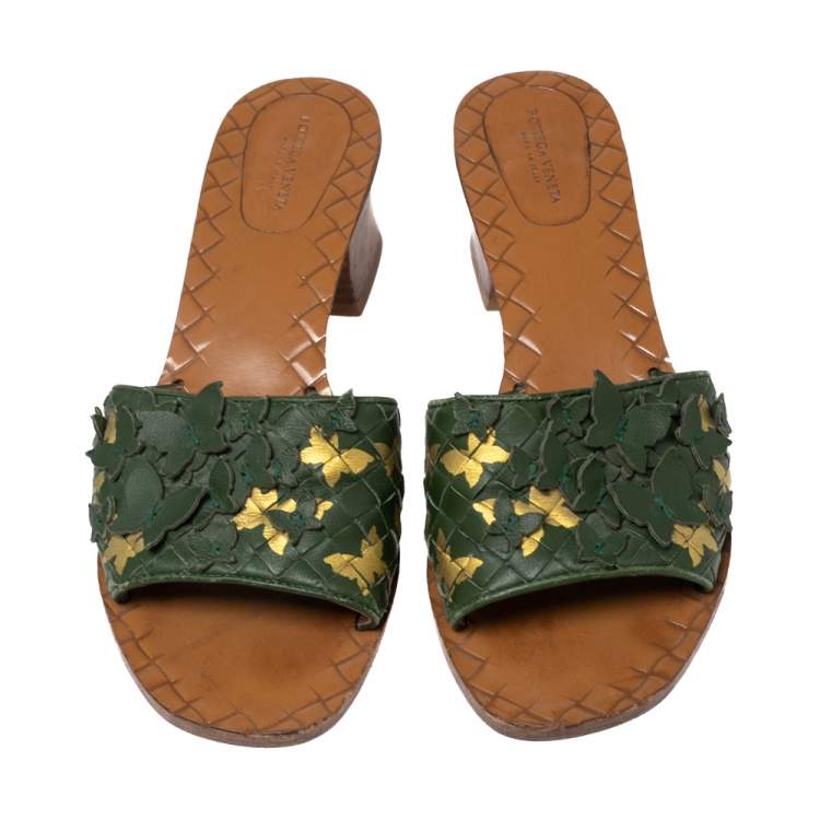 Pre Owned Bottega Veneta Green Intrecciato Leather Butterfly Applique Ravello Slide Sandals Size 39