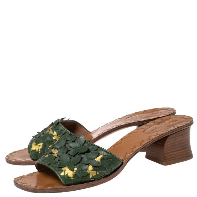 Pre Owned Bottega Veneta Green Intrecciato Leather Butterfly Applique Ravello Slide Sandals Size 39