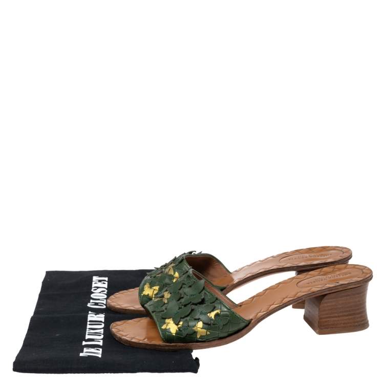 Pre Owned Bottega Veneta Green Intrecciato Leather Butterfly Applique Ravello Slide Sandals Size 39