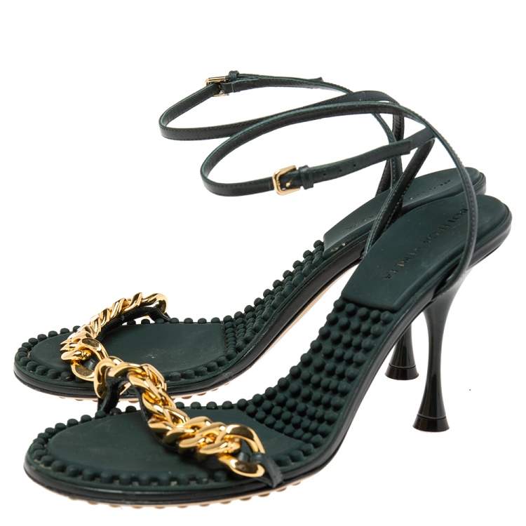 Pre Owned Bottega Veneta Green Leather Dot Embellished Leather Sandals Size 39.5