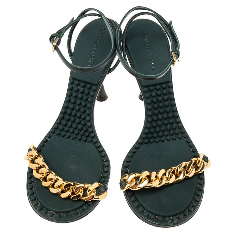 Pre Owned Bottega Veneta Green Leather Dot Embellished Leather Sandals Size 39.5