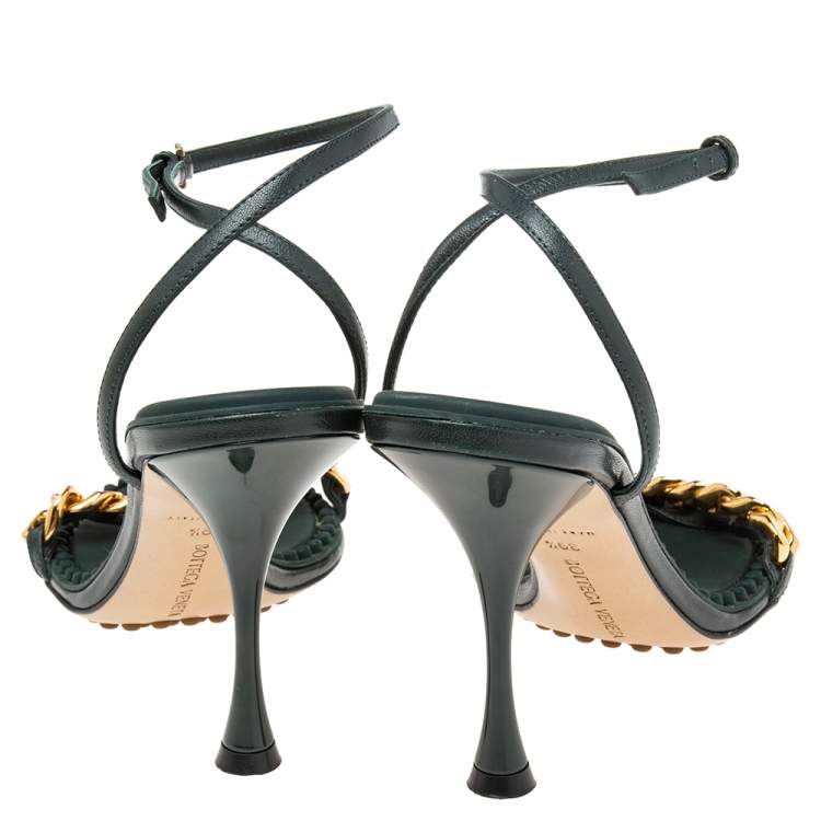 Pre Owned Bottega Veneta Green Leather Dot Embellished Leather Sandals Size 39.5